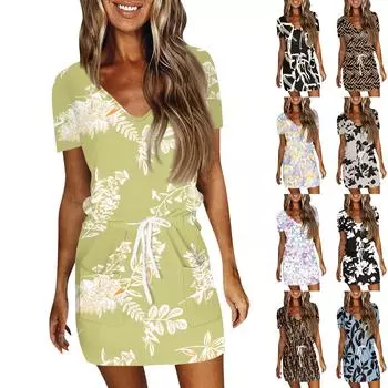 Женское летнее повседневное модное однотонное платье с V-образным вырезом и короткими рукавами на шнуровке L коричневый