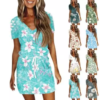 Женское летнее повседневное модное однотонное платье с V-образным вырезом и короткими рукавами на шнуровке L циан