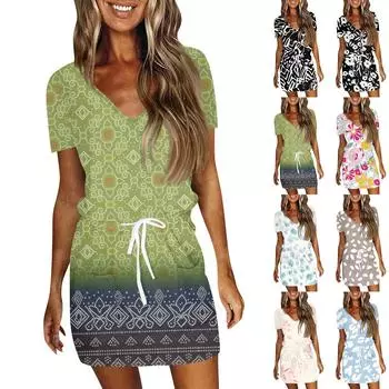 Женское летнее повседневное модное однотонное платье с V-образным вырезом и короткими рукавами на шнуровке XL розовый