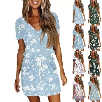 Женское летнее повседневное модное однотонное платье с V-образным вырезом и короткими рукавами на шнуровке L