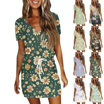 Женское летнее повседневное модное однотонное платье с V-образным вырезом и короткими рукавами на шнуровке XL