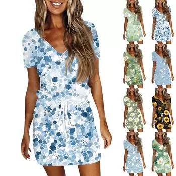 Женское летнее повседневное модное однотонное платье с V-образным вырезом и короткими рукавами на шнуровке XL