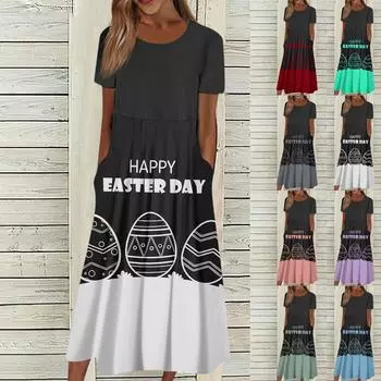 Женское летнее повседневное модное пасхальное платье с коротким рукавом и карманом с круглым вырезом L синий