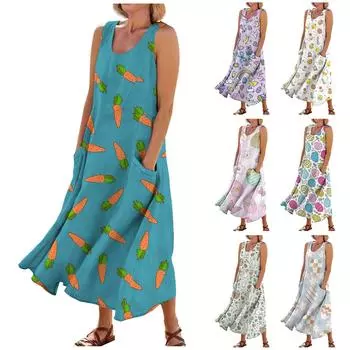 Женское летнее повседневное модное пасхальное платье без рукавов с круглым вырезом и карманом L синий