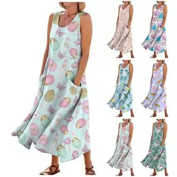 Женское летнее повседневное модное пасхальное платье без рукавов с круглым вырезом и карманом L синий