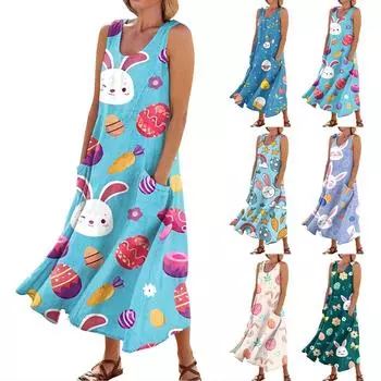 Женское летнее повседневное модное пасхальное платье без рукавов с круглым вырезом и карманом L синий