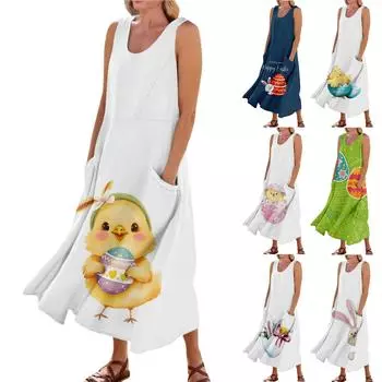 Женское летнее повседневное модное пасхальное платье без рукавов с круглым вырезом и карманом L бежевый