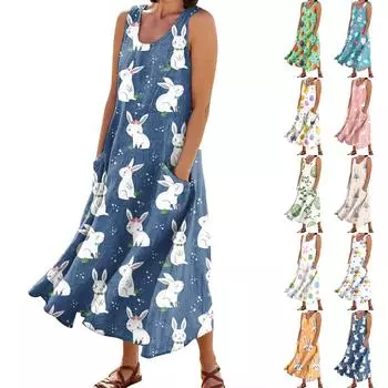 Женское летнее повседневное модное пасхальное платье без рукавов с круглым вырезом и карманом L синий