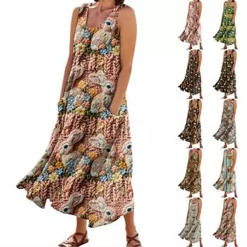 Женское летнее повседневное модное пасхальное платье без рукавов с круглым вырезом и карманом L коричневый