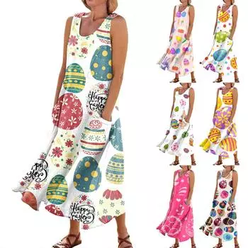 Женское летнее повседневное модное пасхальное платье без рукавов с круглым вырезом и карманом L