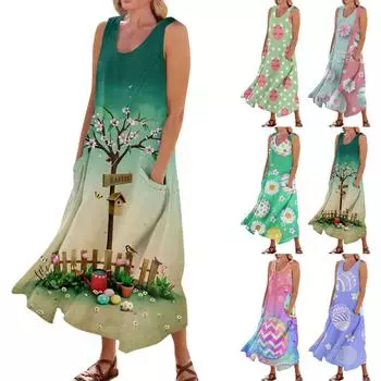 Женское летнее повседневное модное пасхальное платье без рукавов с круглым вырезом и карманом L синий