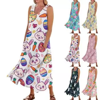 Женское летнее повседневное модное пасхальное платье без рукавов с круглым вырезом и карманом L синий