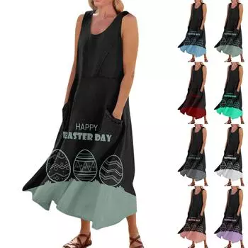 Женское летнее повседневное модное пасхальное платье без рукавов с круглым вырезом и карманом L синий