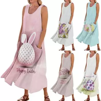 Женское летнее повседневное модное пасхальное платье без рукавов с круглым вырезом и карманом L зелёный