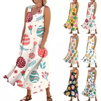 Женское летнее повседневное модное пасхальное платье без рукавов с круглым вырезом и карманом L жёлтый