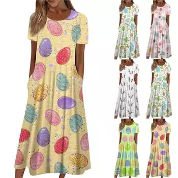 Женское летнее повседневное модное пасхальное платье с коротким рукавом и карманом с круглым вырезом L