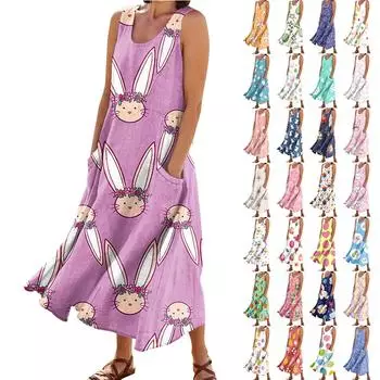 Женское летнее повседневное модное пасхальное платье без рукавов с круглым вырезом и карманом L бежевый