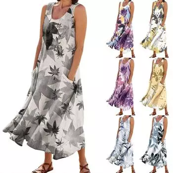 Женское летнее повседневное модное пасхальное платье без рукавов с круглым вырезом и карманом L