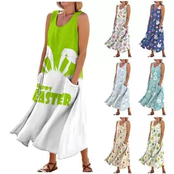 Женское летнее повседневное модное пасхальное платье без рукавов с круглым вырезом и карманом L бежевый