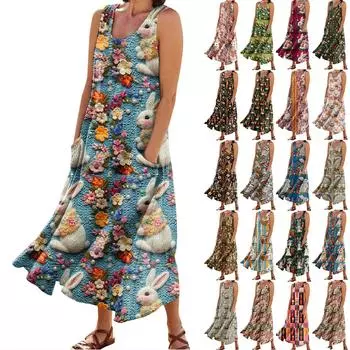 Женское летнее повседневное модное пасхальное платье без рукавов с круглым вырезом и карманом L