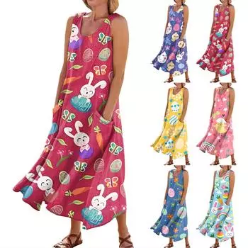 Женское летнее повседневное модное пасхальное платье без рукавов с круглым вырезом и карманом L синий