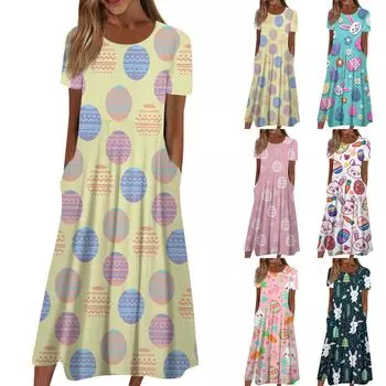 Женское летнее повседневное модное пасхальное платье с коротким рукавом и карманом с круглым вырезом S синий