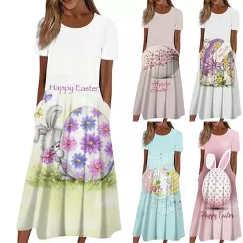 Женское летнее повседневное модное пасхальное платье с коротким рукавом и карманом с круглым вырезом L синий
