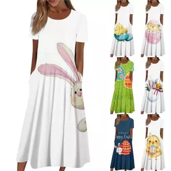 Женское летнее повседневное модное пасхальное платье с коротким рукавом и карманом с круглым вырезом L