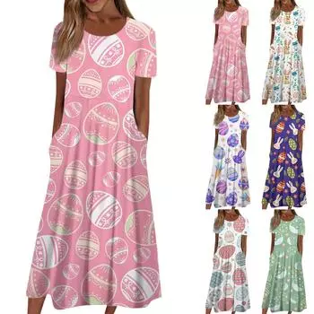 Женское летнее повседневное модное пасхальное платье с коротким рукавом и карманом с круглым вырезом L синий