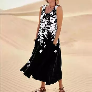 Женское летнее повседневное модное платье без рукавов с круглым вырезом и карманом в стиле ретро L чёрный