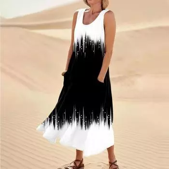 Женское летнее повседневное модное платье без рукавов с круглым вырезом и карманом в стиле ретро L чёрный