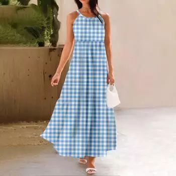 Женское летнее повседневное модное платье без рукавов на подтяжках S синий