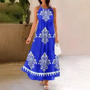 Женское летнее повседневное модное платье без рукавов на подтяжках M синий