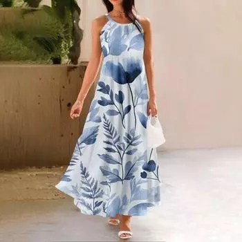 Женское летнее повседневное модное платье без рукавов на подтяжках XL синий