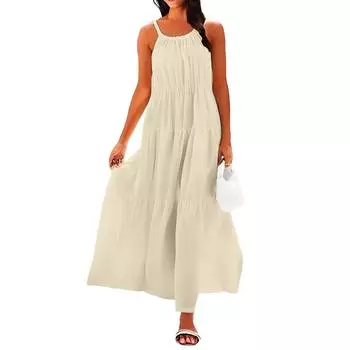 Женское летнее повседневное модное платье без рукавов на подтяжках L бежевый
