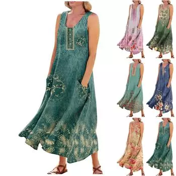 Женское летнее повседневное модное платье без рукавов с карманом и круглым вырезом