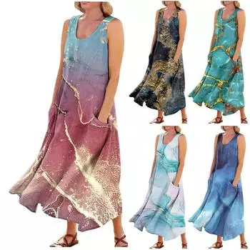 Женское летнее повседневное модное платье без рукавов с карманом и круглым вырезом