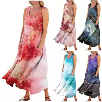 Женское летнее повседневное модное платье без рукавов с карманом и круглым вырезом