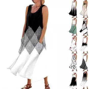 Женское летнее повседневное модное платье без рукавов с круглым вырезом и карманом в стиле ретро L чёрный