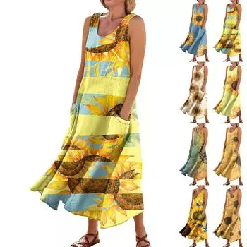 Женское летнее повседневное модное платье без рукавов с круглым вырезом и карманом в стиле ретро L синий