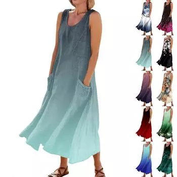 Женское летнее повседневное модное платье без рукавов с круглым вырезом и карманом в стиле ретро L чёрный