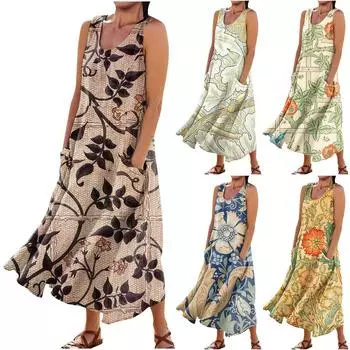 Женское летнее повседневное модное платье без рукавов с круглым вырезом и карманом в стиле ретро L синий