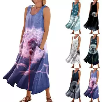 Женское летнее повседневное модное платье без рукавов с карманом и круглым вырезом L чёрный