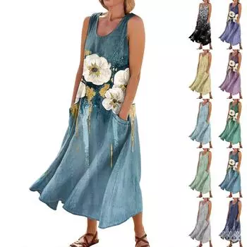 Женское летнее повседневное модное платье без рукавов с круглым вырезом и карманом в стиле ретро L чёрный