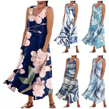 Женское летнее повседневное модное платье без рукавов с карманом и круглым вырезом XXXXXL