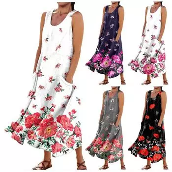 Женское летнее повседневное модное платье без рукавов с карманом и круглым вырезом