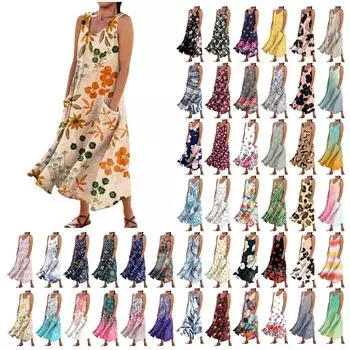 Женское летнее повседневное модное платье без рукавов с карманом и круглым вырезом