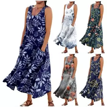 Женское летнее повседневное модное платье без рукавов с карманом и круглым вырезом L синий