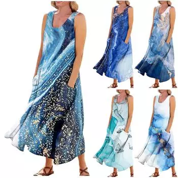 Женское летнее повседневное модное платье без рукавов с карманом и круглым вырезом