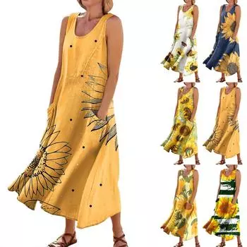 Женское летнее повседневное модное платье без рукавов с карманом и круглым вырезом